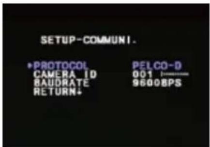 SETUP-COMMUNI. •PROTOCOL PELCO-D CAMERA ID 001 BAUDRATE 96008PS RETURN+