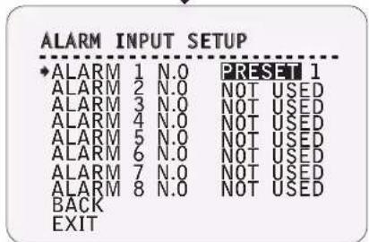 ALARM INPUT SETUP ♦ ALARM 1 N.0 PRESET 1 ALARM 2 N.0 NOT USED ALARM 3 N.0 NOT USED ALARM 4 N.0 NOT USED ALARM 5 N.0 NOT USED ALARM 6 N.0 NOT USED ALARM 7 N.0 NOT USED ALARM 8 N.0 NOT USED BACK EXIT