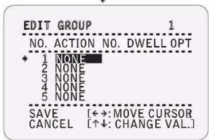 EDIT GROUP 1 NO. ACTION NO. DWELL OPT + 1 NONE 2 NONE 3 NONE 4 NONE 5 NONE SAVE [←→: MOVE CURSOR CANCEL [↑↓: CHANGE VAL.]