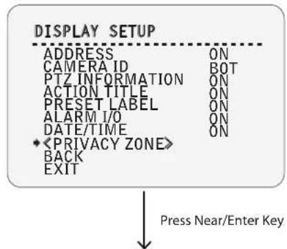 DISPLAY SETUP ADDRESS ON CAMERA ID BOT PTZ INFORMATION ON ACTION TITLE ON PRESET LABEL ON ALARM I/O ON DATE/TIME ON ◆ BACK EXIT Press Near/Enter Key