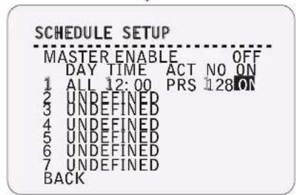 SCHEDULE SETUP MASTER ENABLE OFF DAY TIME ACT NO ON 1 ALL 12:00 PRS 128ON 2 UNDEFINED 3 UNDEFINED 4 UNDEFINED 5 UNDEFINED 6 UNDEFINED 7 UNDEFINED BACK