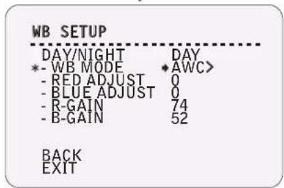 WB SETUP DAY/NIGHT DAY *- WB MODE AWC> - RED ADJUST 0 - BLUE ADJUST 0 - R-GAIN 74 - B-GAIN 52 BACK EXIT