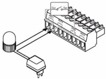 Diagram of an electrical connector with labeled terminals and a warning light, showing connections to a terminal block.