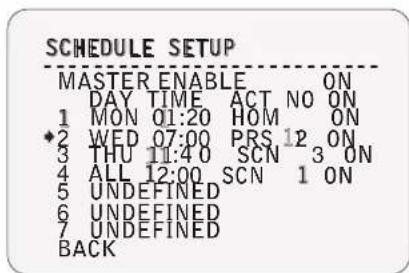SCHEDULE SETUP MASTER ENABLE ON DAY TIME ACT NO ON 1 MON Q1:20 HOM ON *2 WED 07:00 PRS 12 ON 3 THU 11:40 SCN 3 ON 4 ALL 12:00 SCN 1 ON 5 UNDEFINED 6 UNDEFINED 7 UNDEFINED BACK