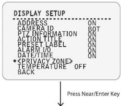 DISPLAY SETUP ADDRESS ON CAMERA ID BOT PTZ INFORMATION ON ACTION TITLE ON PRESET LABEL ON ALARM I/O ON DATE/TIME ON *< TEMPERATURE OFF BACK Press Near/Enter Key