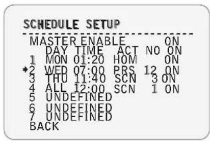 SCHEDULE SETUP MASTER ENABLE ON DAY TIME ACT NO ON 1 MON 01:20 HOM ON *2 WED 07:00 PRS 12 ON 3 THU 11:40 SCN 3 ON 4 ALL 12:00 SCN 1 ON 5 UNDEFINED 6 UNDEFINED 7 UNDEFINED BACK