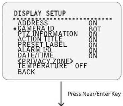DISPLAY SETUP ADDRESS ON * CAMERA ID BOT PTZ INFORMATION ON ACTION TITLE ON PRESET LABEL ON ALARM I/O ON DATE/TIME ON TEMPERATURE OFF BACK Press Near/Enter Key