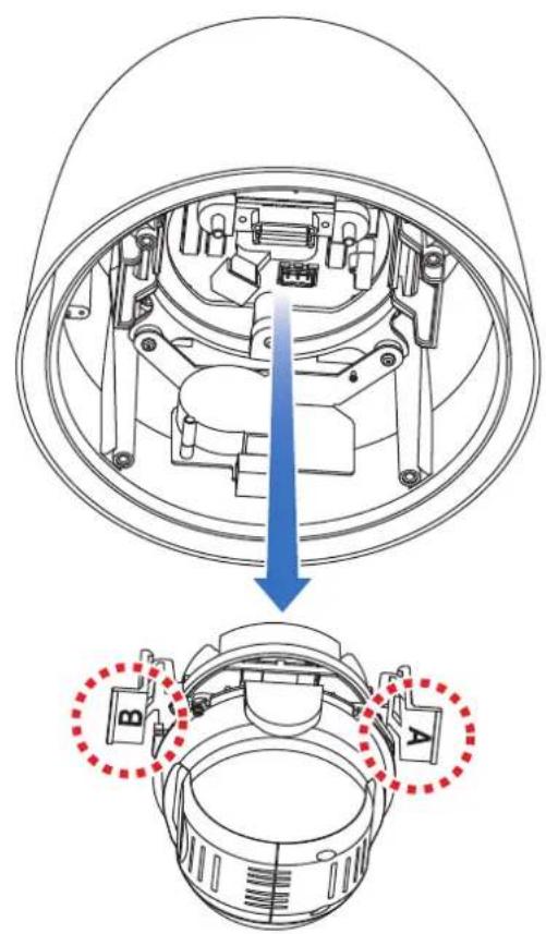 Technical diagram showing a mechanical assembly with labeled components A and B, including a blue arrow indicating direction.
