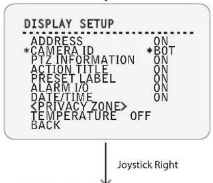 DISPLAY SETUP ADDRESS ON * CAMERA ID *BOT PTZ INFORMATION ON ACTION TITLE ON PRESET LABEL ON ALARM I/O ON DATE/TIME ON TEMPERATURE OFF BACK Joystick Right