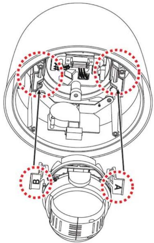 Technical diagram of a mechanical assembly with labeled components and red dotted annotations indicating specific areas.