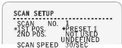 SCAN SETUP SCAN NO. 1 *IST POS. ◆PRESET 1 2ND POS. NOT USED UNDEFINED SCAN SPEED 30/SEC