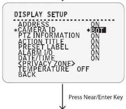 DISPLAY SETUP ADDRESS ON * CAMERA ID *BOT PTZ INFORMATION ON ACTION TITLE ON PRESET LABEL ON ALARM I/O ON DATE/TIME ON TEMPERATURE OFF BACK Press Near/Enter Key
