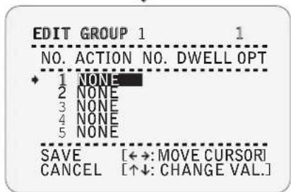 EDIT GROUP 1 NO. ACTION NO. DWELL OPT * 1 NONE 2 NONE 3 NONE 4 NONE 5 NONE SAVE [←→: MOVE CURSOR] CANCEL [↑↓: CHANGE VAL.]