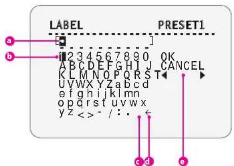 LABEL PRESET1 a b i 2 3 4 5 6 7 8 9 0 QK A B C D E F G H I J C A N C E L K L M N O P Q R S T U V W X Y Z a b c d e f g h i j k l m n o p q r s t u v w x y z < > - / : . c d e