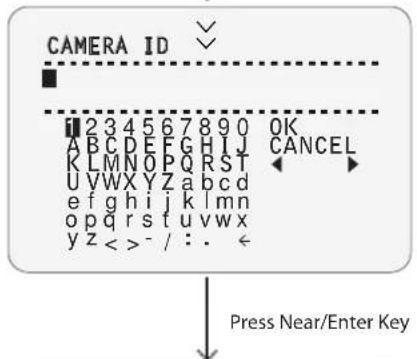 CAMERA ID ■ 1234567890 OK A B C D E F G H I J C A N C E L K L M N O P Q R S T U V W X Y Z a b c d e f g h i j k l m n o p q r s t u v w x y z < > - / : . ← Press Near/Enter Key