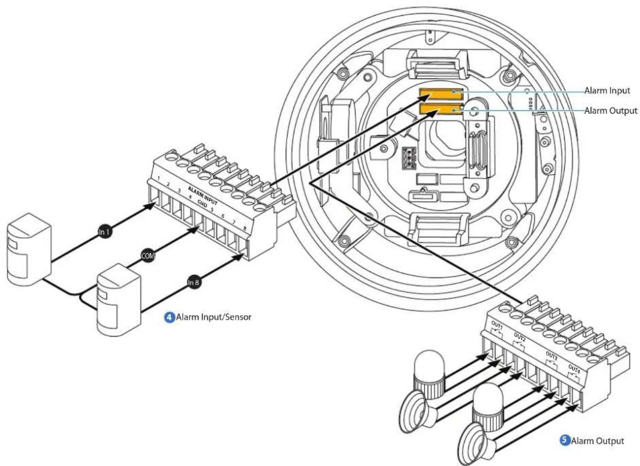 Alarm Input Alarm Output 1 2 3 4 GND 5 6 7 8 IN 1 COM IN 8 4 Alarm Input/Sensor OUT1 OUT2 OUT3 OUT4 5 Alarm Output
