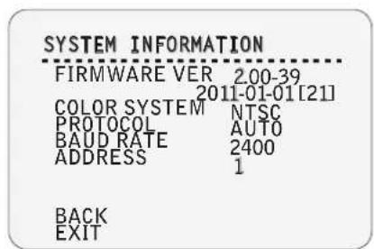 SYSTEM INFORMATION FIRMWARE VER 2.00-39 2011-01-01[21] COLOR SYSTEM NTSC PROTOCOL AUTO BAUD RATE 2400 ADDRESS 1 BACK EXIT