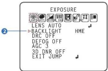 EXPOSURE LENS AUTO BACKLIGHT HME DRC OFF DEFOG OFF AGC 3 3D DNR OFF EXIT JUMP