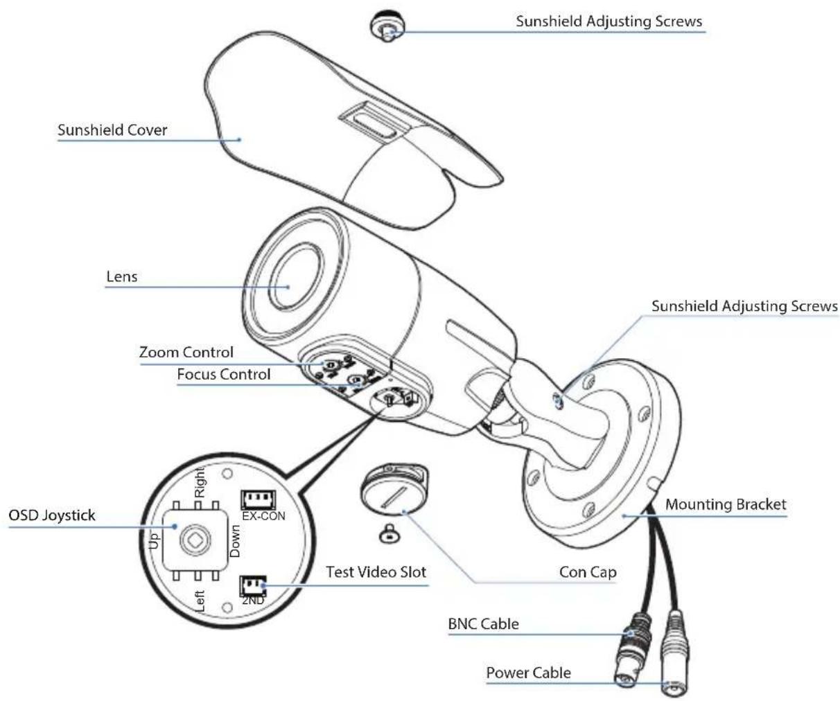 Sunshield Adjusting Screws Sunshield Cover Lens Zoom Control Focus Control OSD Joystick Right Down EX-CON Up Left 2ND Test Video Slot Con Cap Mounting Bracket BNC Cable Power Cable