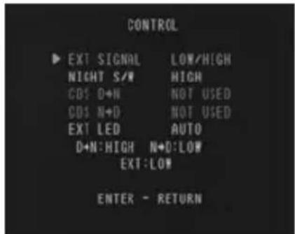 CONTROL EXT SIGNAL LOW/HIGH NIGHT S/W HIGH COS D+N NOT USED COS N+D NOT USED EXT LED AUTO D+N:HIGH N+D:LOW EXT:LOW ENTER - RETURN