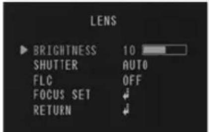 LENS BRIGHTNESS 10 SHUTTER AUTO FLC OFF FOCUS SET ↓ RETURN ↓
