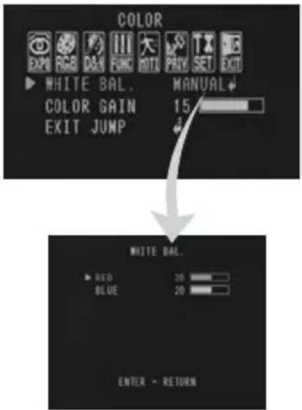 COLOR EXPM RGB D&I III FUNI HI TI PHY SET EXIT WHITE BAL. COLOR GAIN EXIT JUMP MANUAL ↓ 15 WHITE BAL. RED 20 BLUE 20 ENTER - RETURN
