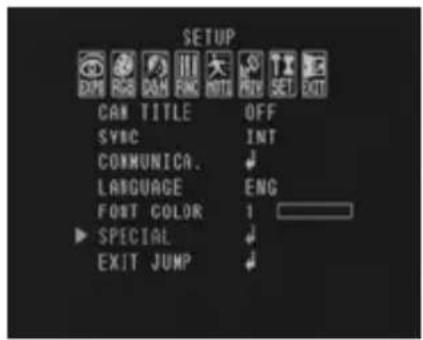 SETUP CAN TITLE OFF SYNC INT COMMUNICA. LANGUAGE ENG FONT COLOR 1 SPECIAL EXIT JUMP