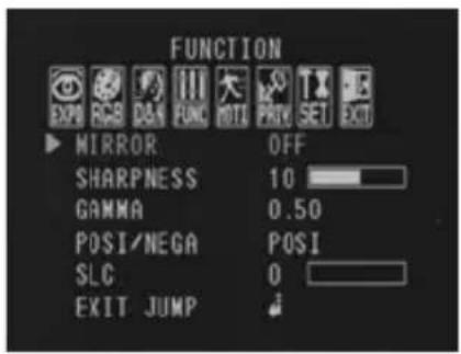FUNCTION EXPI RGB D&N FUNC NOTE PRV SET EXIT MIRROR OFF SHARPNESS 10 GAMMA 0.50 POSI/NEGA POSI SLC 0 EXIT JUMP
