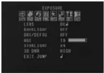 EXPOSURE LENS DC↓ BACKLIGHT OFF DRC/DEFOG OFF ACC 19 STARRLIGHT X-9 3D DNR NIGH EXIT JUMP ↓