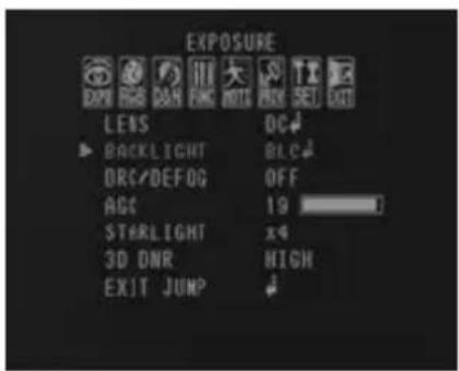 EXPOSURE LENS BACKLIGHT DRC/DEFOG ACC STARLIGHT 3D DNR EXIT JUMP DC BLC OFF 19 X4 HIGH