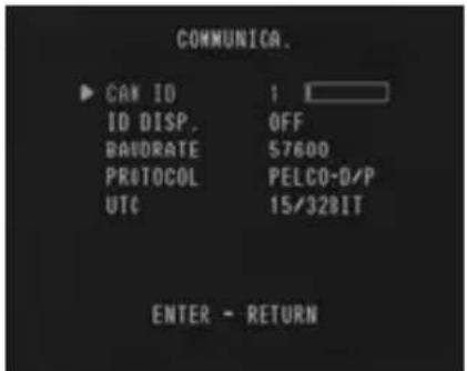 COMMUNICA. ► CAN ID 1 ID DISP. OFF BAVORATE S7600 PROTOCOL PELCO-D/P UTC 15/328IT ENTER - RETURN