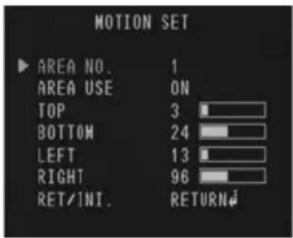 MOTION SET ▶ AREA NO. 1 AREA USE ON TOP 3 BOTTOM 24 LEFT 13 RIGHT 96 RET/INIT. RETURN