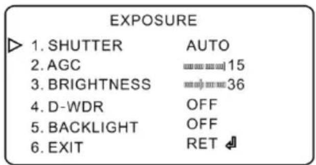 EXPOSURE 1. SHUTTER AUTO 2. AGC 15 3. BRIGHTNESS 36 4. D-WDR OFF 5. BACKLIGHT OFF 6. EXIT RET