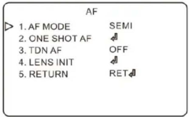 AF 1. AF MODE SEMI 2. ONE SHOT AF 3. TDN AF OFF 4. LENS INIT 5. RETURN RET