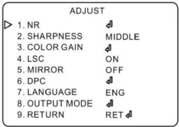 ADJUST 1. NR 2. SHARPNESS MIDDLE 3. COLOR GAIN 4. LSC ON 5. MIRROR OFF 6. DPC 7. LANGUAGE ENG 8. OUTPUT MODE 9. RETURN RET
