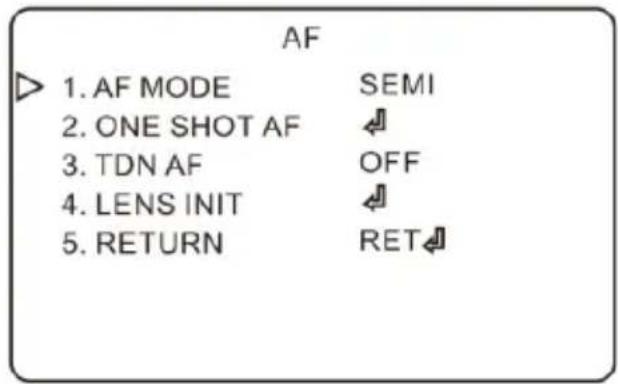 AF 1. AF MODE SEMI 2. ONE SHOT AF 3. TDN AF OFF 4. LENS INIT 5. RETURN RET