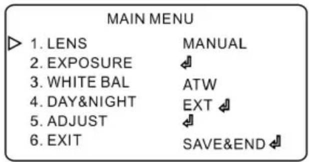 MAIN MENU 1. LENS 2. EXPOSURE 3. WHITE BAL 4. DAY&NIGHT 5. ADJUST 6. EXIT MANUAL ATW EXT SAVE&END