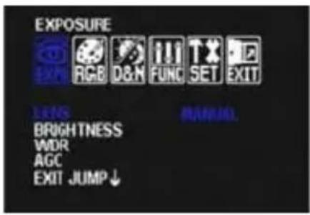 EXPOSURE RGB D&N FUNC SET EXIT BRIGHTNESS WDR AGC EXIT JUMP ↓