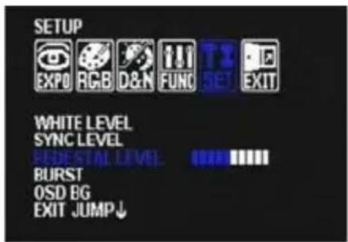SETUP EXPO RGB D&N FUNC SET EXIT WHITE LEVEL SYNC LEVEL RED STAI LEVEL BURST OSD BG EXIT JUMP↓