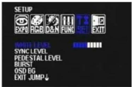 SETUP EXPO RGB D&N FUNC SET EXIT WHITE LEVEL SYNC LEVEL PEDESTAL LEVEL BURST OSD BG EXIT JUMP ↓