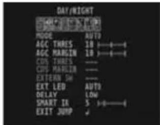 DAY/WIGHT MODE AUTO AGC THRES 10 —— AGC MARGIN 10 —— COS THRES —— COS MARGIN —— EXTERNAL SH —— EXT LED AUTO DELAY LOW SMART IR 5 —— EXIT JUMP ↓