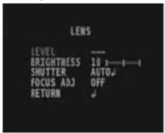LENS LEVEL BRIGHTNESS 10 SHUTTER AUTO FOCUS ADJ OFF RETURN