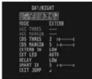 DAY/NIGHT MODE EXTERN ICC THRES —— ICC MARCEIN —— COS THRES 3 +----+ COS MARCEIN 5 +----+ EXTERN 3W LOW EXIT LED AUTO DELAY LOW SMART IR 5 +----+ EXIT JUMP ↓