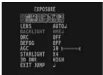 EXPOSURE LENS AUTO BACKLIGHT HNE DRC OFF DEFOG OFF AGC 18 STARLIGHT X4 3D HDR HIGH EXIT JUMP