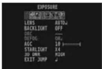 EXPOSURE LENS AUTO BACKLIGHT OFF DEC —— DEFDG ON AGC 10 —— STARLIGHT X4 JD-DMR HIGH EXIT JUMP ↓