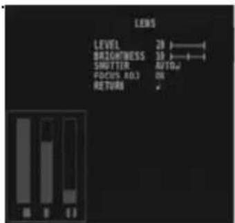 LENS LEVEL 30 BRIGHTNESS 10 SMUTTER AUTO. FOCUS A0.3 OK RETURN . OK B 1.3