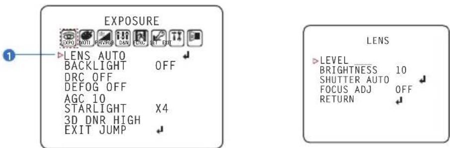 EXPOSURE LENS AUTO BACKLIGHT OFF DRC OFF DEFOG OFF AGC 10 STARLIGHT X4 3D DNR HIGH EXIT JUMP LENS LEVEL BRIGHTNESS 10 SHUTTER AUTO FOCUS ADJ OFF RETURN