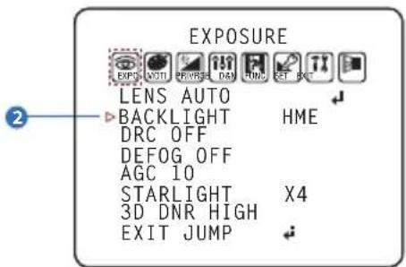 EXPOSURE LENS AUTO BACKLIGHT HME DRC OFF DEFOG OFF AGC 10 STARLIGHT X4 3D DNR HIGH EXIT JUMP