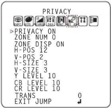 PRIVACY EXP1 COTL PWRB DSN HUNC NET EXP ▶PRIVACY ON ZONE NUM 0 ZONE DISP ON H-POS 12 V-POS 2 H-SIZE 3 V-SIZE 3 Y LEVEL 10 CB LEVEL 10 CR LEVEL 10 TRANS 0 EXIT JUMP