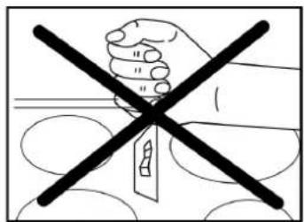 Warning symbol with hand holding a shield and crossed-out black X, indicating no protection or caution